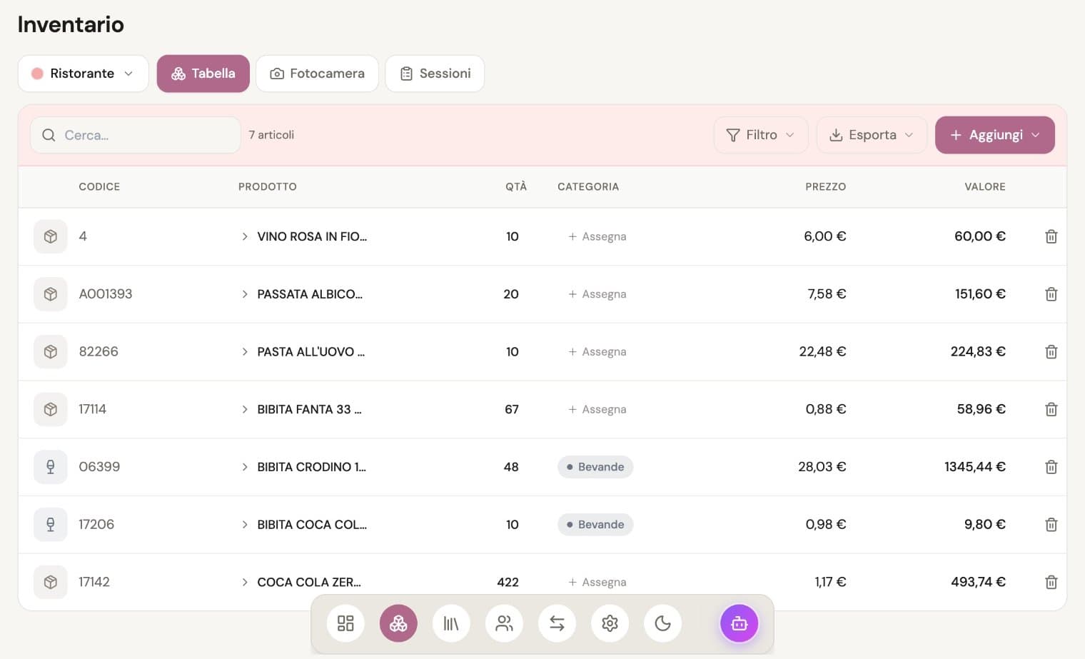 Inventario in tabella: codice, prodotto, quantità, categoria, prezzo e valore, con fotocamera e sessioni