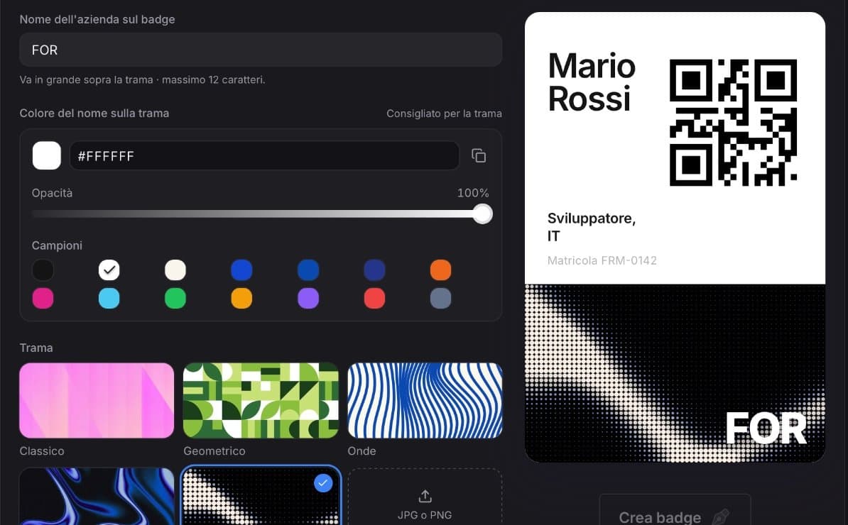 Editor del badge QR del dipendente con colori e trame