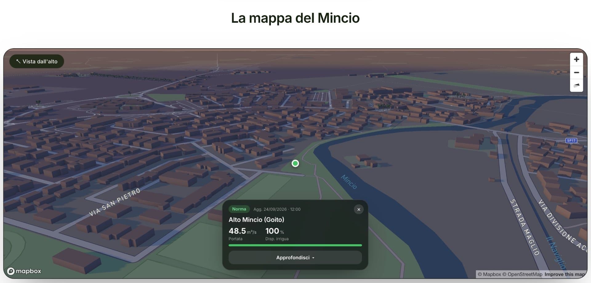 La mappa 3D del Mincio con il punto di misura Alto Mincio (Goito)
